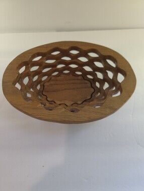 Signed Handmade Scroll Saw Wood Bowl Lattice Basket Centerpiece 8.5" x 2"
